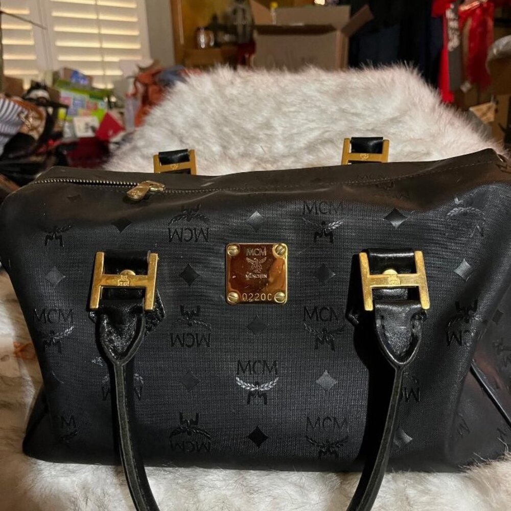 MCM BLACK SATCHEL BOSTON BAG WITH GOLD HARDWARE with COA!
